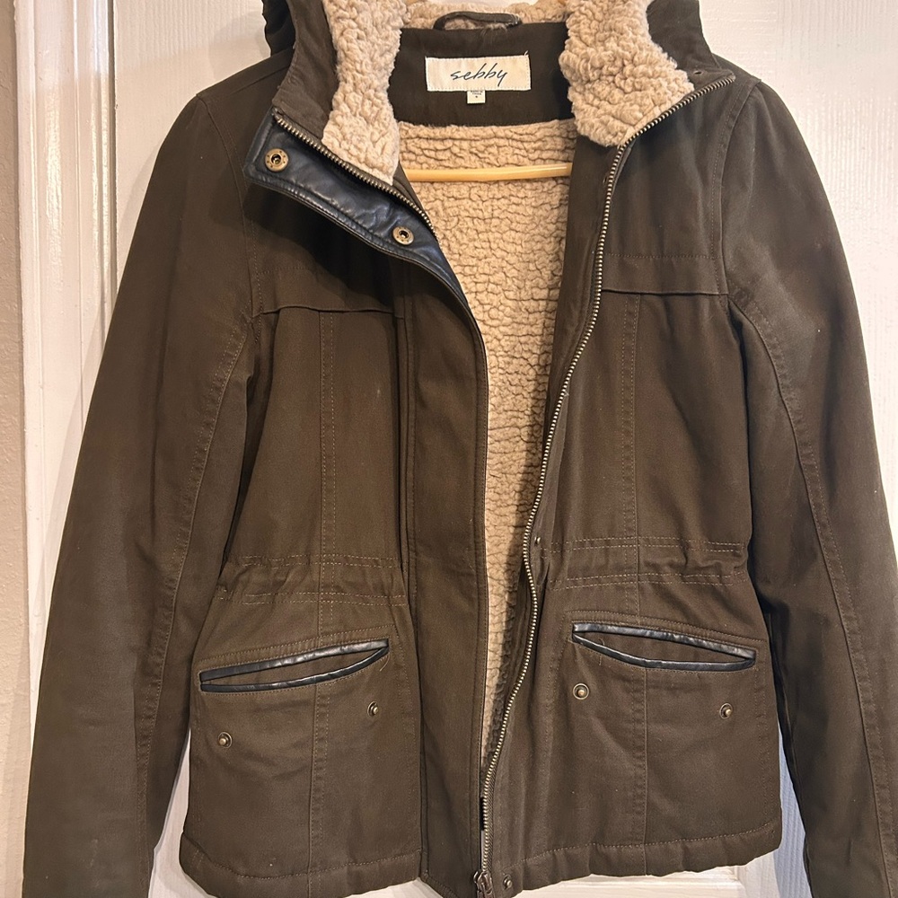 Women’s Sherpa Lined Olive Hooded Jacket